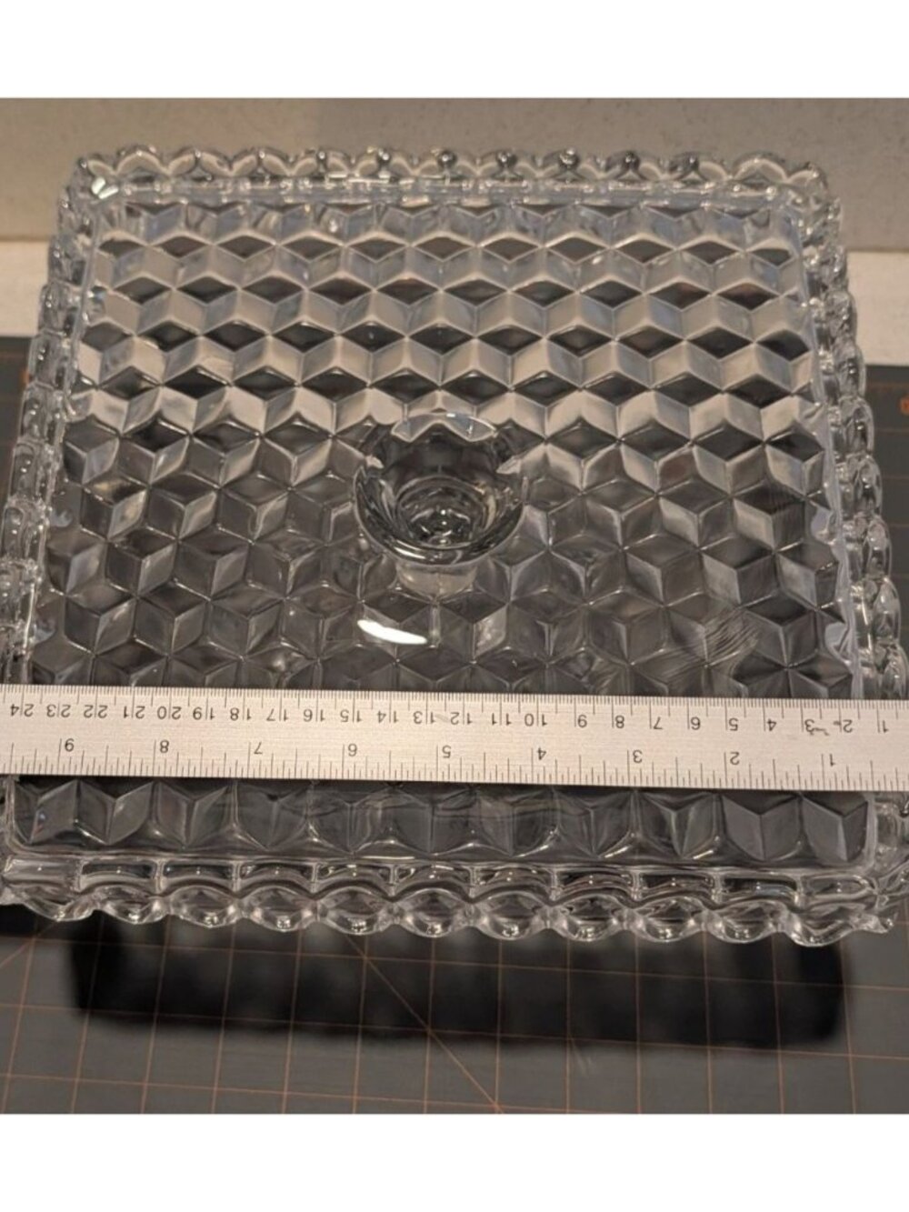 Vintage Fostoria American Clear Glass Square Cake Stand Cubist Pattern Rum Well - Picture 12 of 16